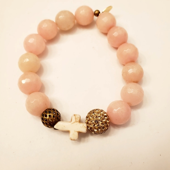 Gemelli Pink Beaded Stone Bracelet, Faceted Stones, Cross, Stretch - Picture 2 of 5